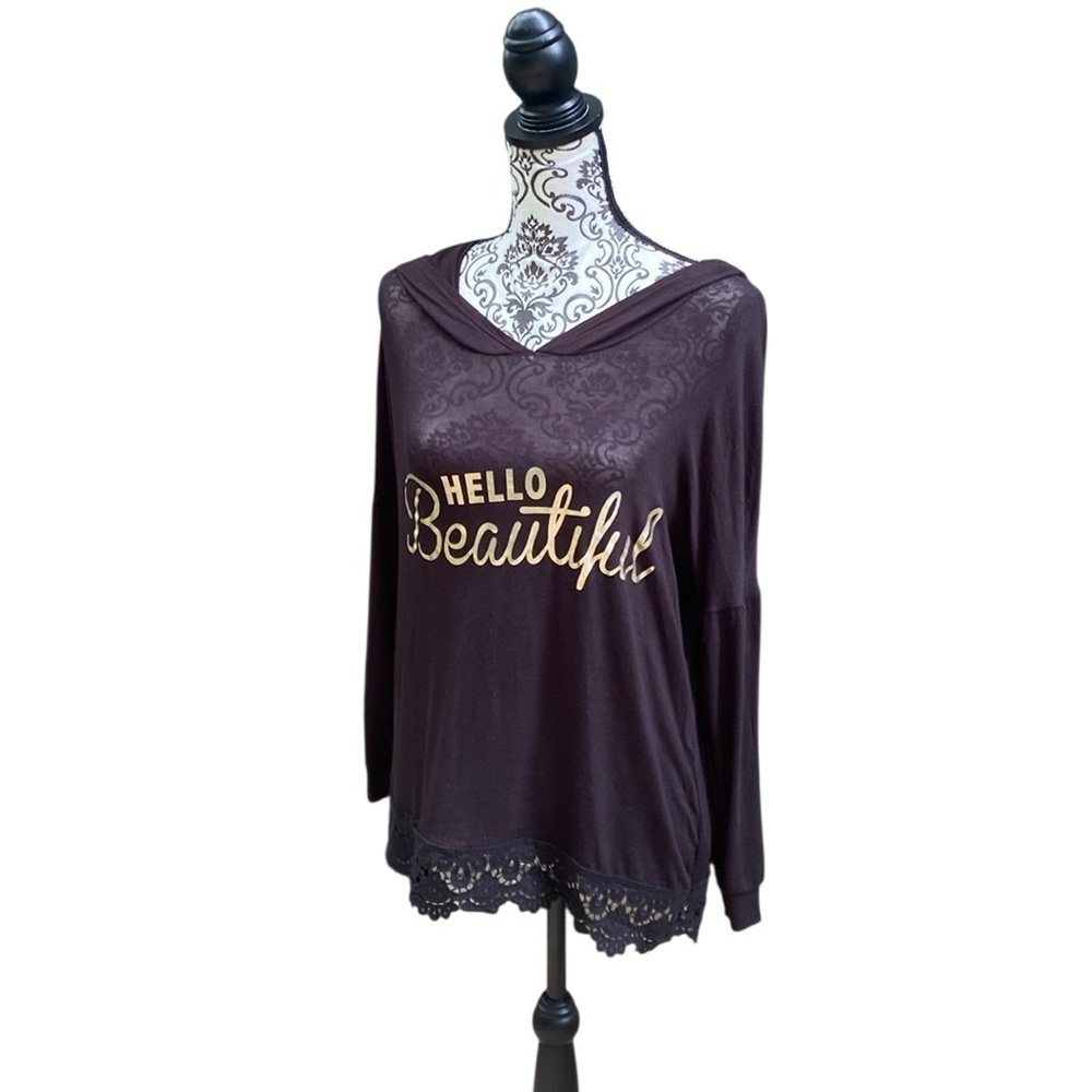 New Misschievous “Hello Beautiful “ sheer Black Hooded pullover top size small